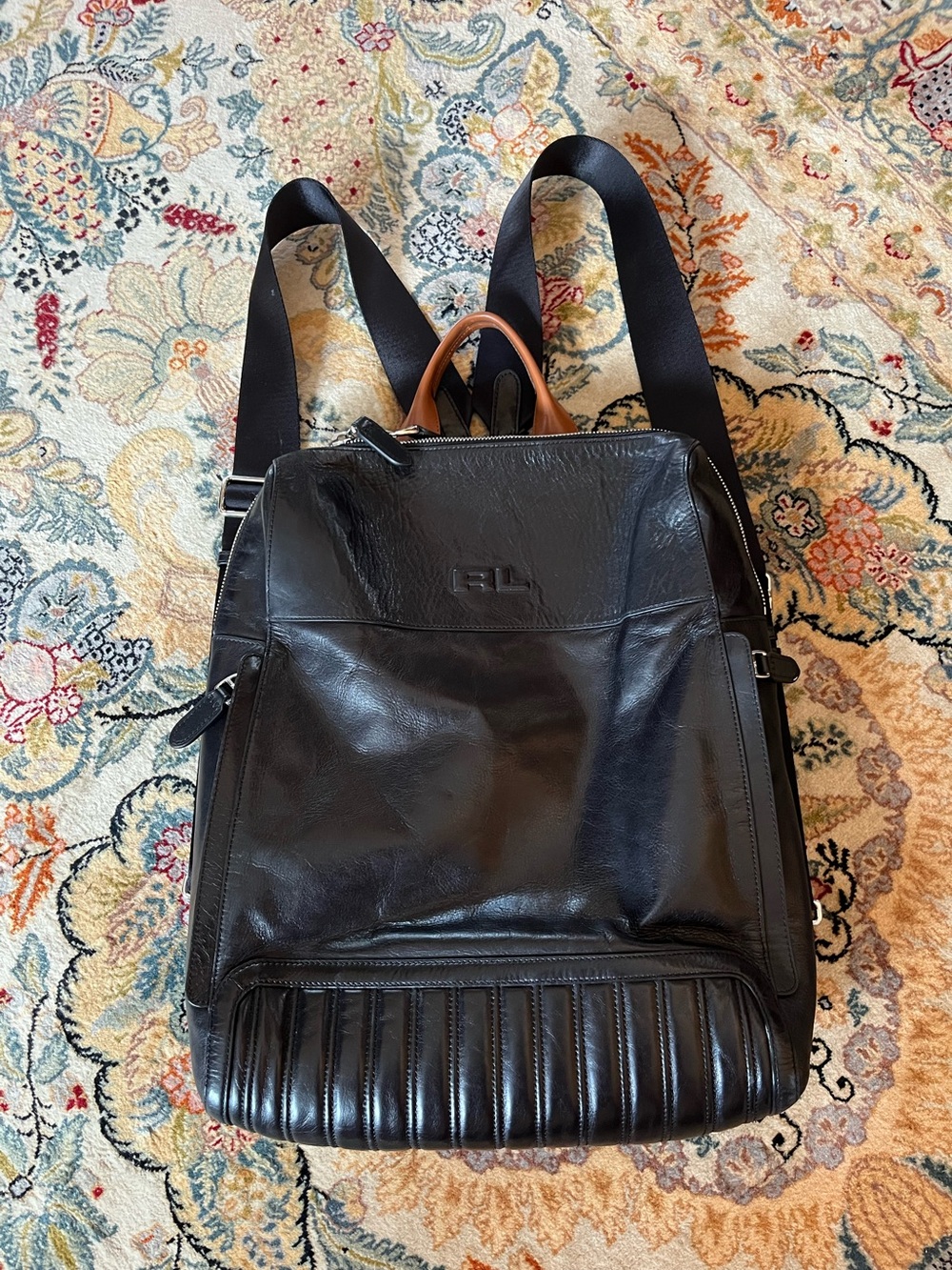 Ralph Loren Black Leather Men's Backpack - Classic Logo